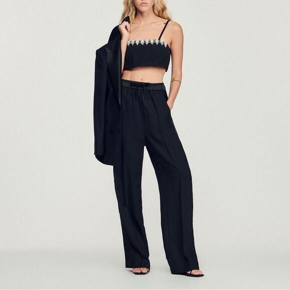 NWT Sandro Gallo Drawstring Side Stripe High Rise Wide Leg Pants FR 36 US S - Picture 1 of 14